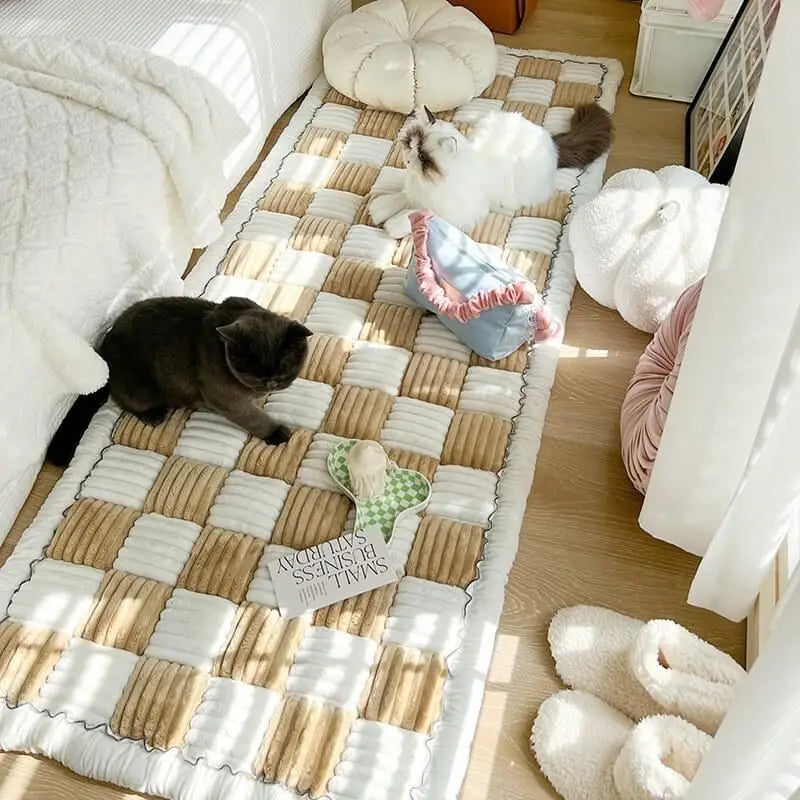 Cream-colored Large Plaid Square Pet Mat Bed Couch Cover