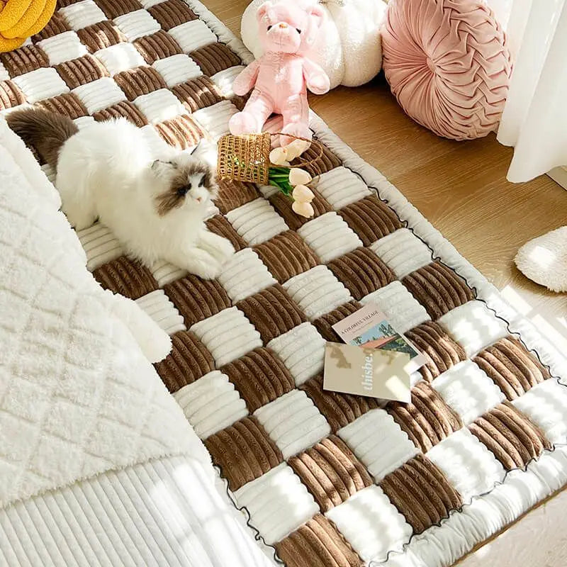 Cream-colored Large Plaid Square Pet Mat Bed Couch Cover