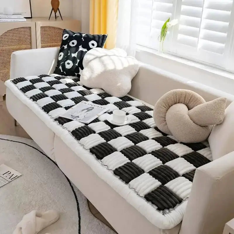 Cream-colored Large Plaid Square Pet Mat Bed Couch Cover