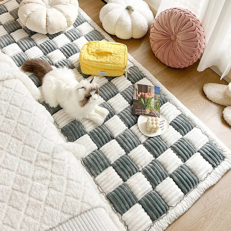 Cream-colored Large Plaid Square Pet Mat Bed Couch Cover